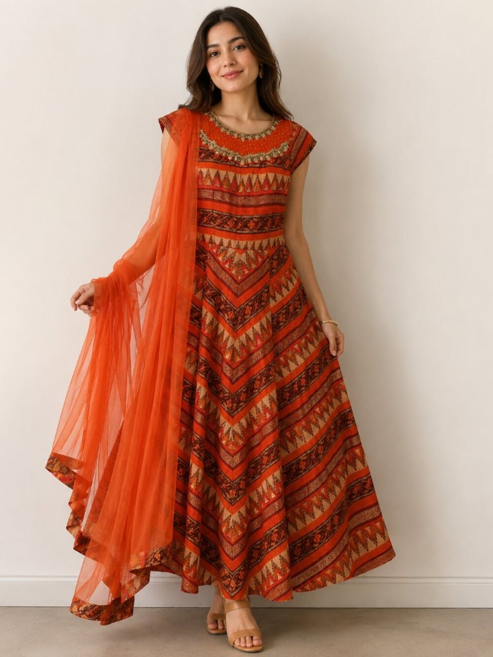 Rhythm XL Orange Embellished Maxi Dress w/ Dupatta South Asian Formal